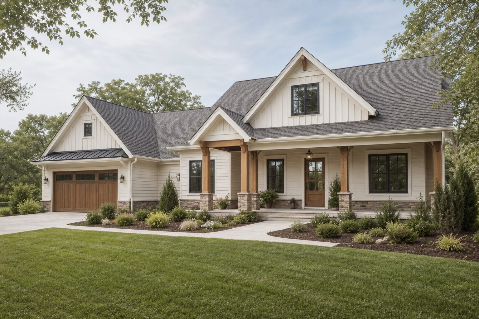 A tidy house exterior with a clean porch and front yard, shown wide